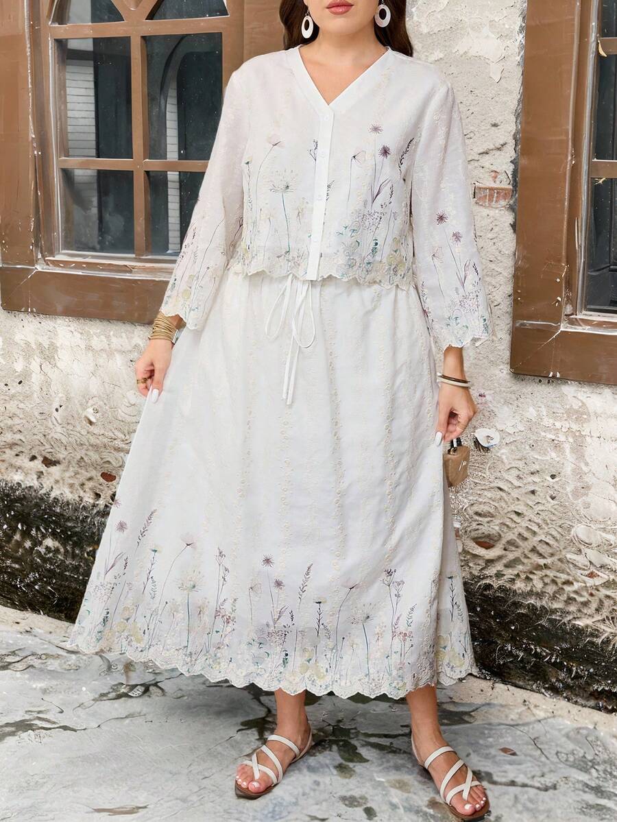 Lacomfia Plus Size 3/4 Sleeve Embroidered & Printed A-Line Skirt Set, Elegant Casual Resort Wear For Women - Apricot - View 1