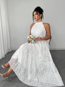 Elenzga Women Plus Size White Sleeveless Cold-Shoulder Romantic & Elegant Dress - White - View 6