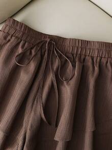 SHEIN PETITE Solid Color Elastic Waist Drawstring Casual Layered Shorts, Summer - Brown - View 3