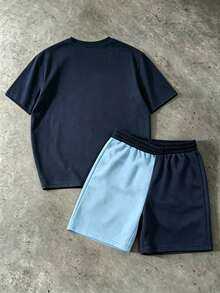 Manfinity EMRG Conjunto de camiseta y pantalones cortos de color contrastante casual para hombres, verano, vacaciones - Multicolor - Ver 4
