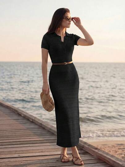 Briarwyn Đầm len nữ tay ngắn ôm sát, màu trơn, thiết kế tối giản.