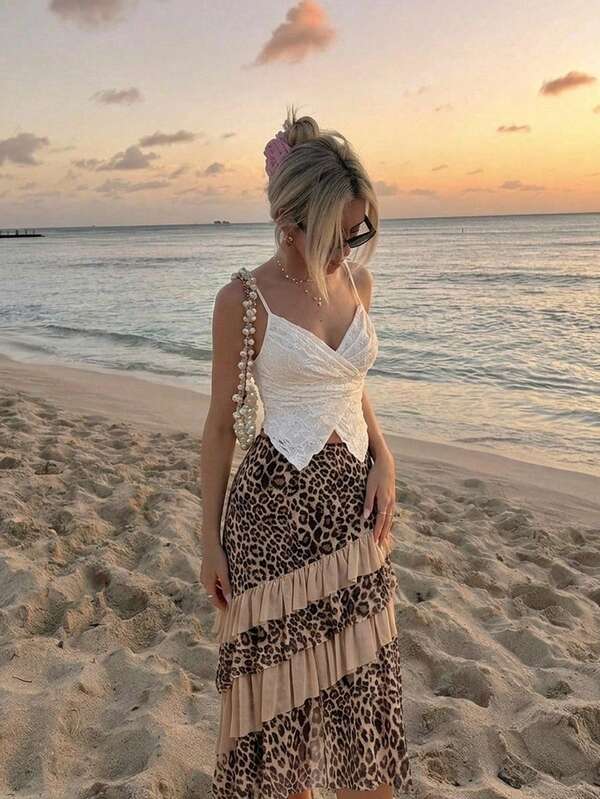 SHEIN MOD 女士时尚豹纹荷叶边迷你裙，夏季