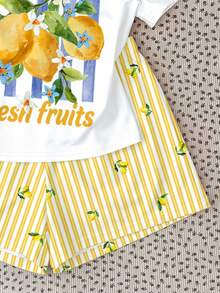 Bộ đồ đôi cho bé gái tuổi teen, gồm áo thun ngắn tay và quần short, họa tiết kem chanh ngọt ngào kiểu retro, kẻ sọc màu kem tươi mát, phong cách tối giản thường ngày, thích hợp cho mùa hè. - Nhiều màu - Xem 4