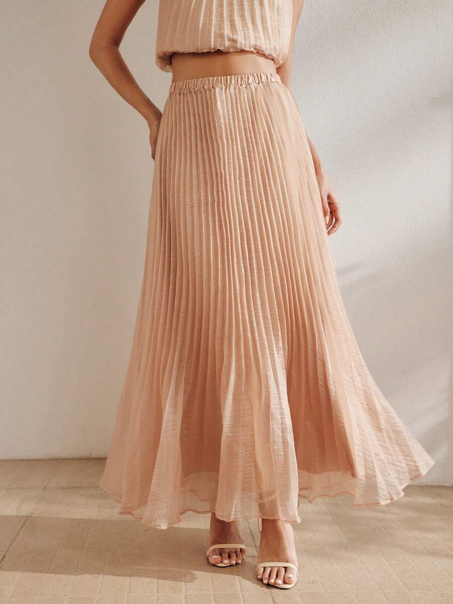 Anewsta Solid Color Elastic Waist Long Pleated Elegant Sequin Skirt, Summer Vacation Red - Champagne - View 1