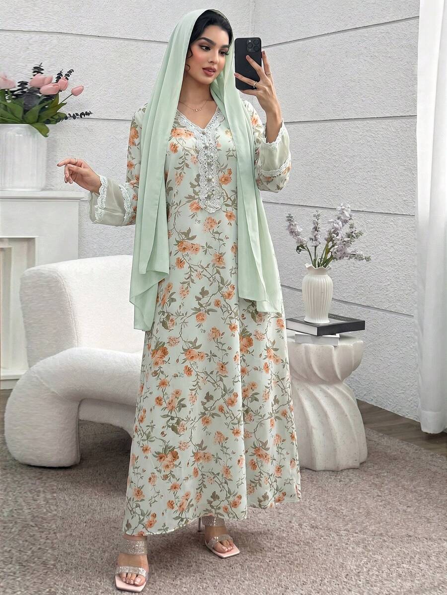Yasmyna V-Neck Chiffon Lace Patchwork Floral Print Dress With Headscarf, Pink Tone - Green - View 1
