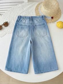 SHEIN Girls'Y2K Style Loose Bermuda Light Blue Denim Jeans,7/8 Length,Mid-Rise Washed Summer Casual School Back-To-School Cute & Cool Outfit For Travel - Blue - View 2