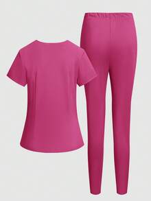 TaskEZ Solid Color Minimalist V-Neck Double Pocket T-Shirt And Casual Pants Uniform Set - Hot Pink - View 2