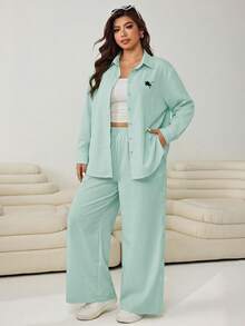 SHEIN EZwear 大码休闲条纹长袖衬衫套装 - 綠色 - 查看 4