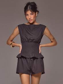 Slash Neckline Cap Sleeve Cinched Waist Top Low Rise Micro Mini Short Co-Ord Set Spring Summer Holiday Vacation Ibiza Roja De Sol - Black - View 1