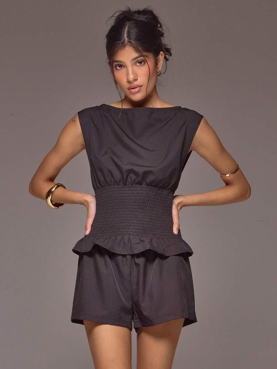 Slash Neckline Cap Sleeve Cinched Waist Top Low Rise Micro Mini Short Co-Ord Set Spring Summer Holiday Vacation Ibiza Roja De Sol - Black - View 1
