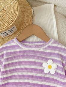 LMoss Kids 2pcs Baby Girl Knitted Striped Round Neck T-Shirt And Shorts Set - Mauve Purple - View 6