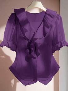 SHEIN Clasi Plus Size Women Solid Color Ruffle Trim Short Sleeve Fashionable Blouse - Purple - View 1
