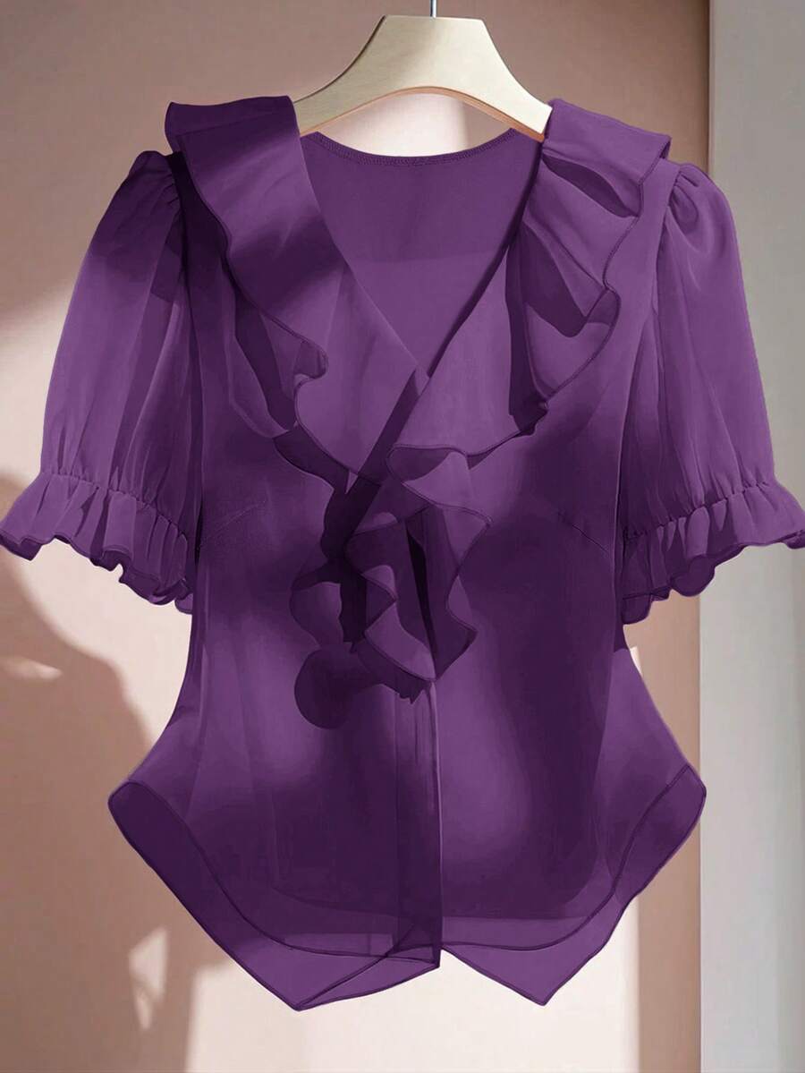 SHEIN Clasi Plus Size Women Solid Color Ruffle Trim Short Sleeve Fashionable Blouse - Purple - View 1