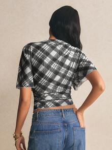 Poéselle Women's Vintage Plaid Ruffle Sleeve Fitted T-Shirt, Summer - Black - View 6