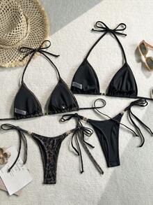Swim Vcay 女士豹纹吊带比基尼套装，性感纯色比基尼套装，优雅沙滩度假派对泳装 - 彩色 - 查看 3