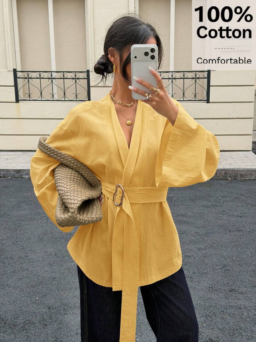 Siren Gaze Áo sơ mi dài tay 100% cotton, cạp chun, khóa kim loại, mềm mại và thân thiện với da, phù hợp cho công sở và du lịch, áo nữ mùa thu/đông, áo kiểu thanh lịch, áo ôm dáng, áo đi học, tay chuông, áo kiểu kimono. - Vàng nhạt - Xem 1
