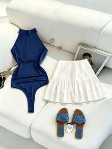 INAWLY Women's Solid Color Comfortable Jumpsuit With White Mini Skirt Set - Blue - View 3