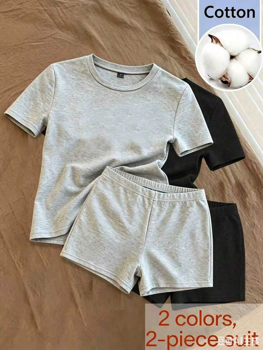 Qadelle Bộ áo thun ngắn và quần đùi bó sát mùa hè mới, bộ đồ thể thao thường ngày, đồ mặc nhà ôm dáng. Thích hợp cho phòng tập thể dục, ở nhà, dạo phố, yoga, tập nhảy. - Nhiều màu - Xem 1