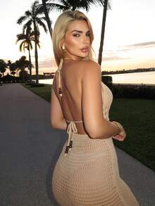 Luzma Cabello Luzma Cabello Damen Urlaubs-Lässig rückenfrei Träger Strick Maxikleid, gehäkeltes Maxikleid Sommer Maxikleid Strand Maxikleid, gehäkeltes Kleid Urlaubskleid im Herbst/Winter - Aprikosenfarben - Übersicht 5