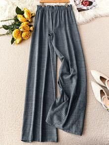 DreamSkyne Plus Size Women Solid Color Ruffle Waist Tie Casual Pants - Dusty Blue - View 2