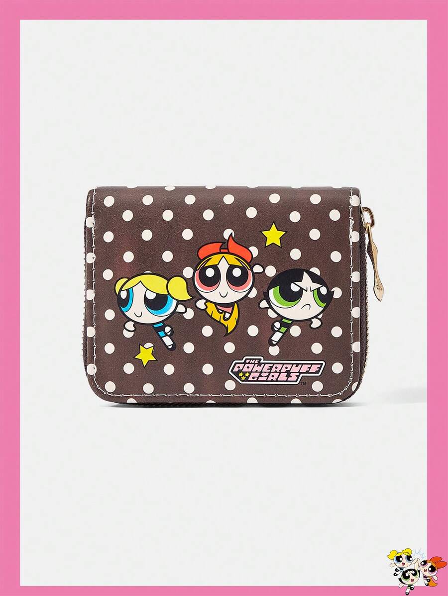 THE POWERPUFF GIRLS X SHEIN 波點與星星小女警圖案拉鍊錢包,多卡收納包,附零錢袋與輕量身分證夾,適合女性/女孩,可作為青少年、學生、教師的禮物,亦可用作校園與商務名片包 - 咖啡棕1 - 查看 1