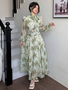 Modelyn Green Tie Collar Ruched Waist Women's Dress, Suitable For Spring And Autumn - Green - View 8