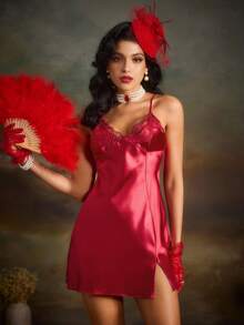 PinupPomp Contrast Lace Split Hem Satin Cami Pajama Nightdress Luxeloungewear - Burgundy - View 7