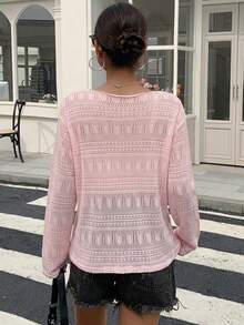 DAZY 女款寬鬆深V領長袖透視休閒上衣，都市街頭風秋季度假粉色格紋校園風T恤 - 粉色 - 查看 5