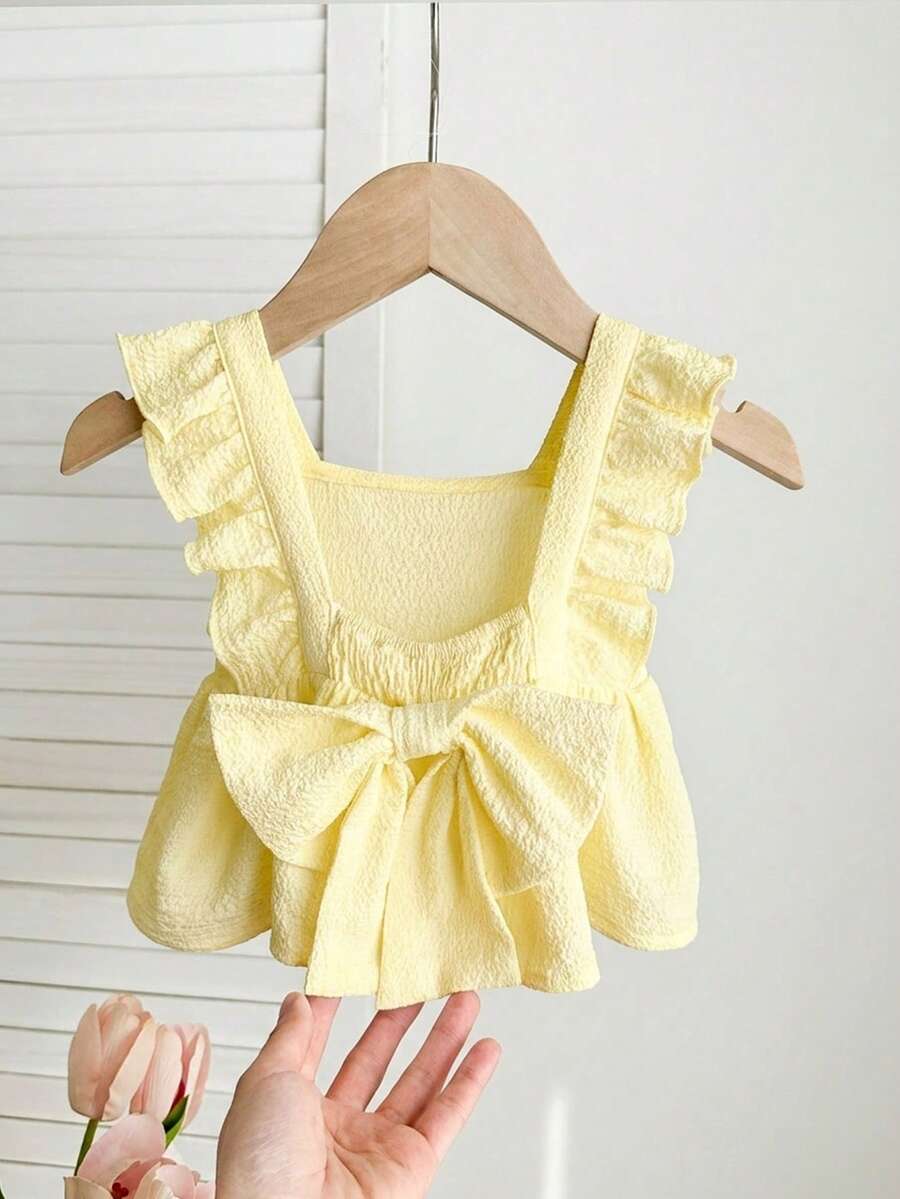 SHEIN Blus Bayi Perempuan Kasual Lucu dengan Tekstur dan Pita, Serbaguna untuk Musim Panas - Mustard Yellow - View 1