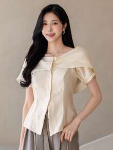 DAZY Áo kiểu nữ thanh lịch, xếp ly, trễ vai, cổ bẻ, dáng ôm, thiết kế thắt eo, thích hợp cho mùa xuân và mùa hè. - Màu be - Xem 1