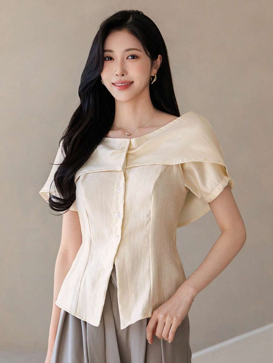 DAZY Áo kiểu nữ thanh lịch, xếp ly, trễ vai, cổ bẻ, dáng ôm, thiết kế thắt eo, thích hợp cho mùa xuân và mùa hè. - Màu be - Xem 1
