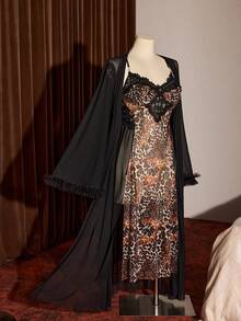 Slumberist Mature Leopard Print Sheer Mesh Lace Crisscross Backless Sexy Plus Size Women Slip Dress + Black 3D Mesh Sleeve Plus Size Robe 2 Piece Set - Multicolor - View 4