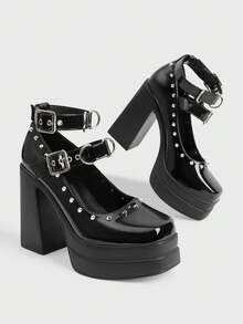 Sugerpunk Ladies Street Fashion Nightclub Solid Color Glossy Mary Jane Platform High Heel Shoes, Punk Style Gothic Retro Low Vamp Square Toe Metal Rivet Square Buckle Ankle Belt Design Suitable For Holiday Party Commuting - Dark black - View 3