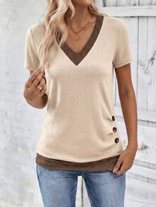 EMERY ROSE Women's Button Pleated V-Neck Contrast Color Short Sleeve T-Shirt, Suitable For Daily Commute - Multicolor - View 3