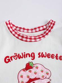 Strawberry Shortcake X SHEIN Áo thun cổ tròn viền bèo nhún in hình kẻ caro và hoạt hình dành cho bé gái - trắng - Xem 4