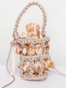 MUSERA Seashell Embellished Woven Lined Cross Body Bucket Bag Cute Summer Beach Swim Going Out Daily Spring Holiday Accessory
Ladies, Women Top Handle Bags, Crossbody Bags, Crochet Bag, Marine Element Decoration, Fashionable, Elegant, Simple, Personalized, Versatile, For Beach, Vacation, Holiday, Summer, Seaside, Beach Party - Beige - View 4