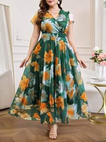 SHEIN Clasi Đầm cỡ lớn in hoa, tay ngắn, kiểu vạt chéo, eo nhún. - màu xanh lá - Xem 5