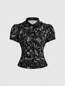 ROMWE Goth 夏季森林暗黑哥特骷髅植物印花修身女式衬衫 - 黑色 - 查看 7