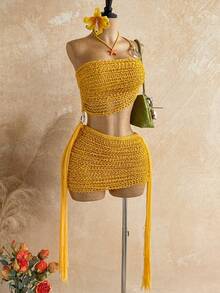 Soleia Đầm mini dệt kim khoét eo, kiểu dáng avant-garde gợi cảm, lệch vai, phối dây thừng và khóa kim loại, thích hợp cho các dịp thường ngày, hẹn hò, tiệc trà chiều, đi biển, du thuyền, du lịch đường dài, lễ hội âm nhạc, tiệc tùng, phong cách bohemian. - trái cam - Xem 1