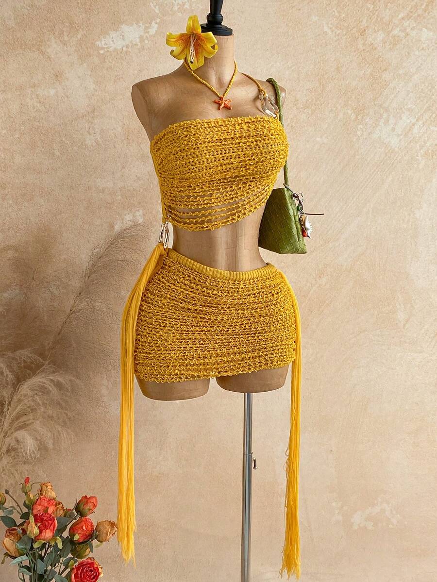 Soleia Đầm mini dệt kim khoét eo, kiểu dáng avant-garde gợi cảm, lệch vai, phối dây thừng và khóa kim loại, thích hợp cho các dịp thường ngày, hẹn hò, tiệc trà chiều, đi biển, du thuyền, du lịch đường dài, lễ hội âm nhạc, tiệc tùng, phong cách bohemian. - trái cam - Xem 1