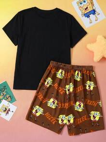 SpongeBob SquarePants | SHEIN 2件套青少年男童卡通图案印花宽松圆领短袖短裤睡衣套装， - 黑色 - 查看 2