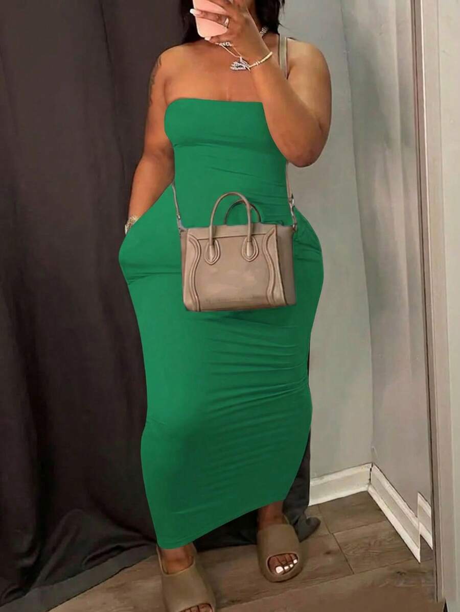 Slaydiva Slayr Plus Elegant Casual Solid Color Bodycon Pocketed Dress For Plus Size Women - Green - View 1