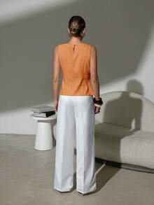 Lavishia Áo sơ mi văn phòng dáng ôm vintage không tay, vải linen trắng, nút thắt tre - trái cam - Xem 2