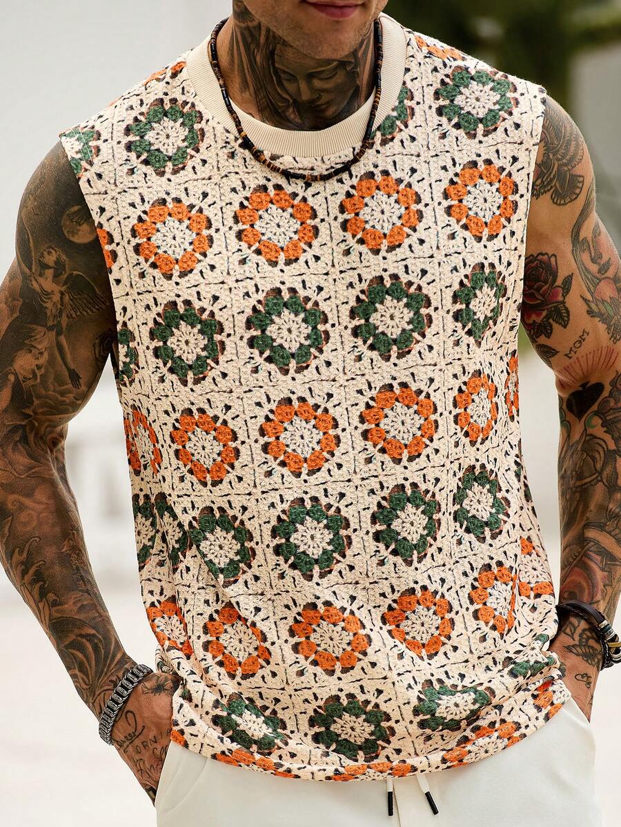 Manfinity CasualCool Áo ba lỗ nam, phong cách nghỉ dưỡng, vải đục lỗ, vải jacquard giả móc, phù hợp cho du lịch nghỉ dưỡng và giải trí, dáng ôm - Nhiều màu - Xem 1