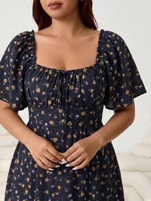 Solflare Plus Size Women's Floral Print Tie-Front Dress, Vacation Style - Navy Blue - View 6