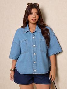Elaquor Plus Size Solid Color Drop Shoulder Short Sleeve Front Button Casual Curved Hem Denim Top - Light Wash - View 5