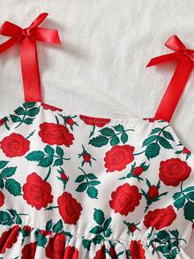 SHEIN 1 pieza Vestido elegante rosa para niñas, estampado floral de rosa, vestido corte evasé con tirantes de lazo, adecuado para vacaciones, escuela y salidas en verano - Rojo - Ver 4