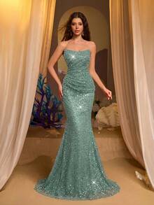 Glamrae Elegant Luxurious Beaded Sequin Ruched Mermaid Hem Dress, Suitable For Weddings, Parties, Vacations, Galas, Formal Occasions (Heavily Embellished) - Green - View 8