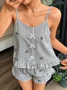 Napfluff Cute Bow Decor Pink Striped Bow Print Camisole & Shorts Pajama Set - Black - View 6