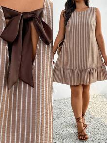 SHEIN Frenchy Plus Size Casual White Sleeveless Dress For Women,Bow Tie Back Ruffle Boho Summer Holiday Outfit,Vacation Beach Vacation Graduation Ceremony Dresses - Brown - View 6